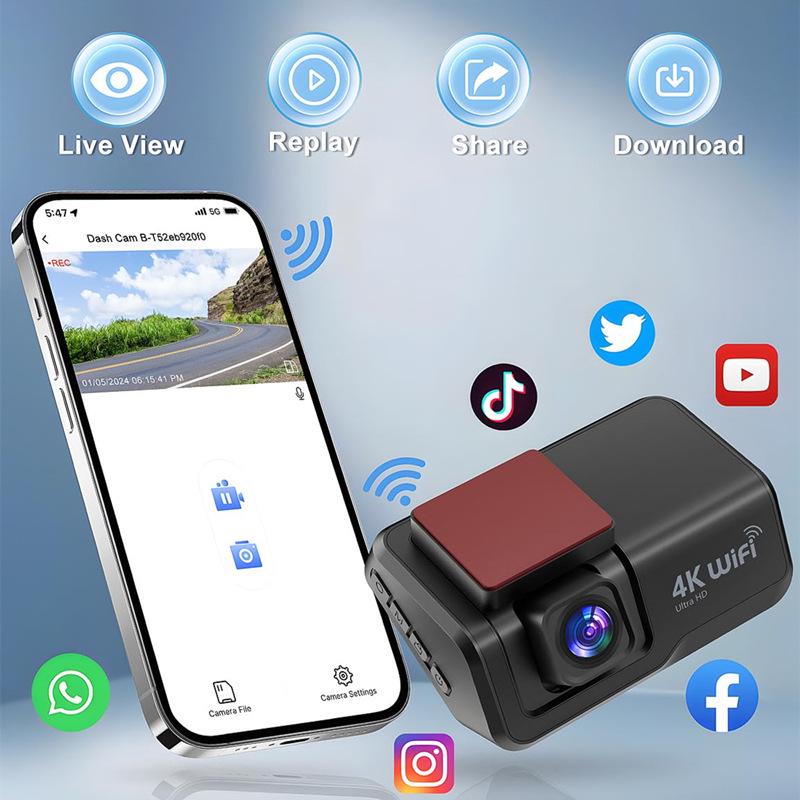 4K Dual Cam: Front & Rear Recording Dash Cam with Reversing Image, Driving Track, HD, 3" WiFi Screen