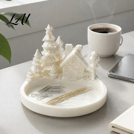 Christmas Theme Home Decor Winter Village Jewelry Tray 3D Printed Snow House Pine Tree Decorative Dish Matte White Trinket Bowl Mini Desktop