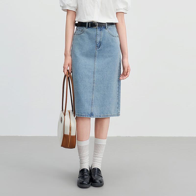 Damen Midi-Rock aus gewaschenem Denim mit hoher Taille