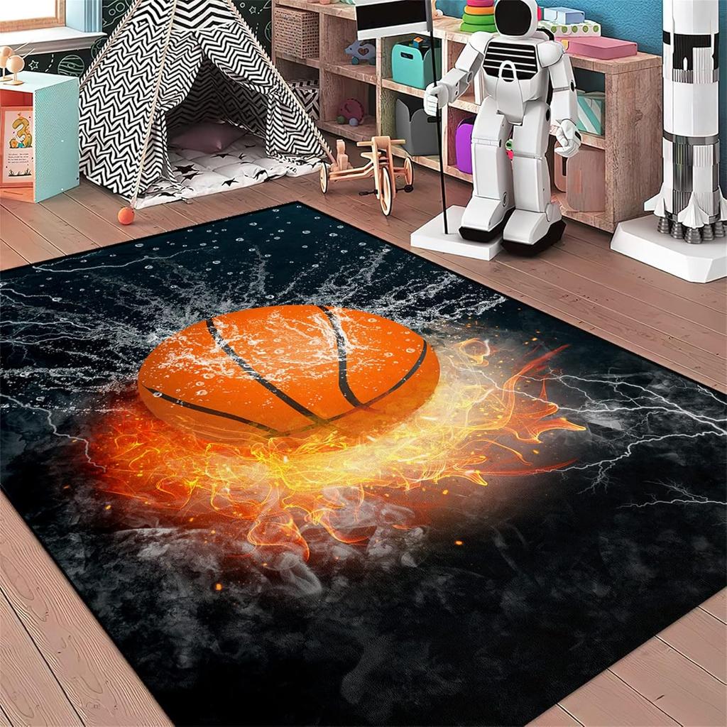 Black Basketball Sport Rug for Boys Bedroom and Playroom, Non-Slip Basketball Carpet, Living Room and Bedroom Decor
