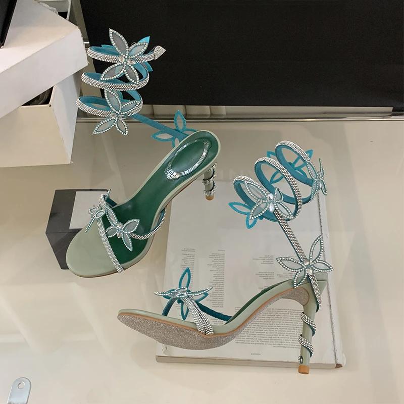 Summer Sexy Open Toe Women Sandals Street Style Thin Heels Crystal Butterfly-knot Ankle Strap Banquet Prom Shoes