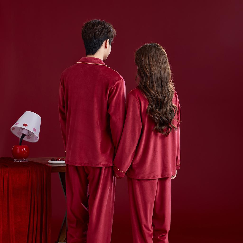 Wedding pajamas newlywed couple suit women's autumn and winter red island fleece warm flannel men's loungewear