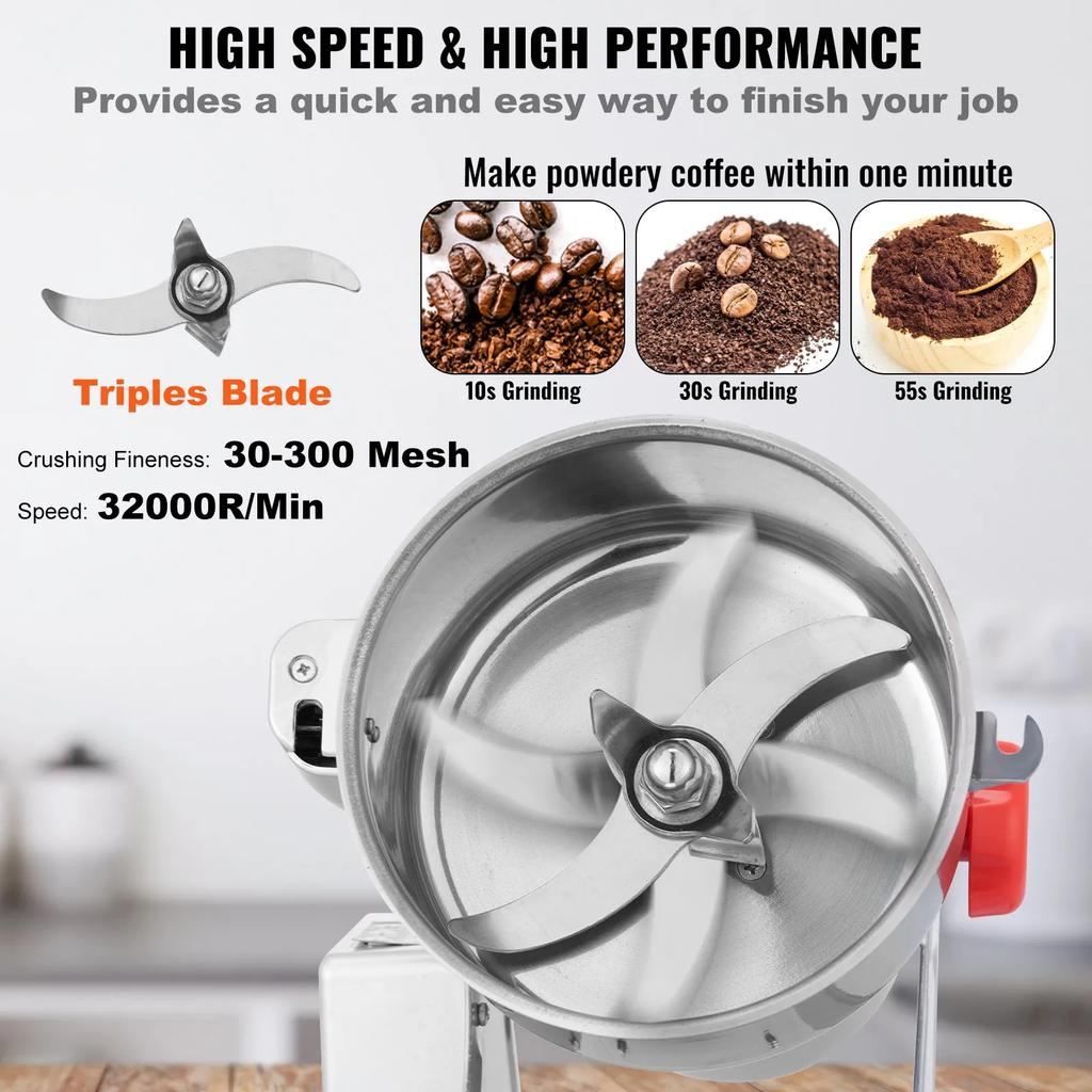 VEVOR 2500g Electric Grain Mill Grinder, High Speed 3400W Commercial Spice Grinders, Stainless Steel Pulverizer Powder Machine