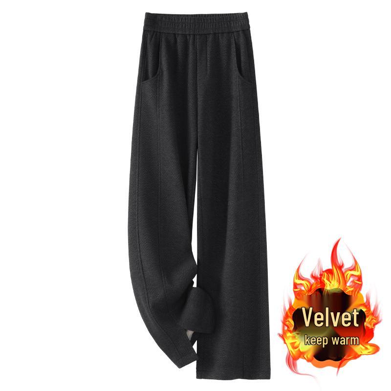 

Women s Beige Herringbone Wool-Blend Fleece-Lined Slit Pants 2024 - Autumn/Winter Straight-Leg Wide-Leg Casual Style L