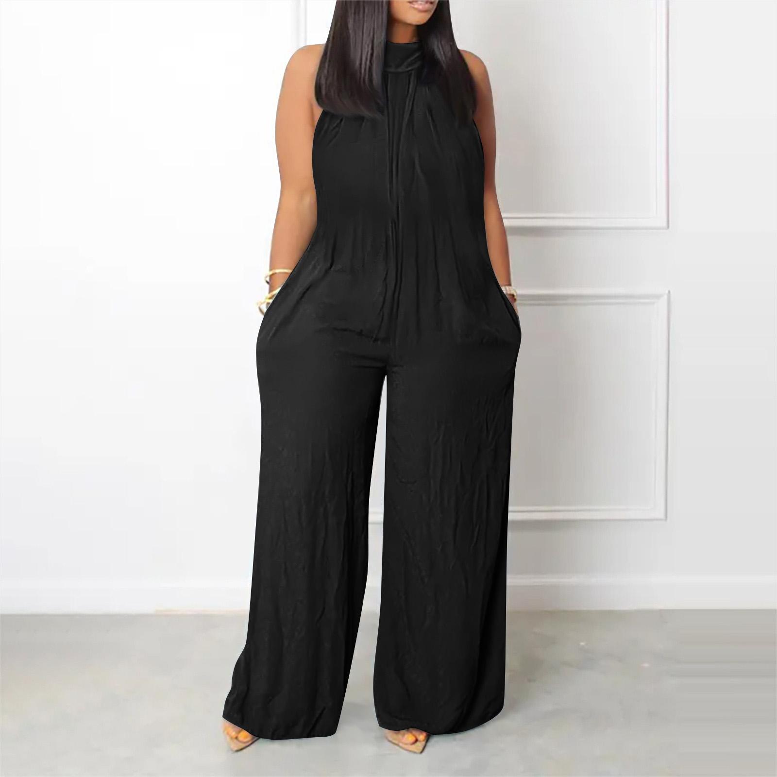 

Women s Plus Size Jumpsuit Summer Beach Sleeveless Color Casual Fashion Wide Leg Jumpsuit L чорний