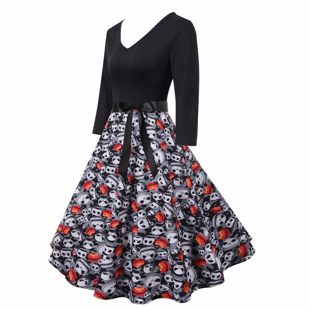 Women's Halloween Digital Printed Waist Long Sleeve Stitching A-line V-neckDress