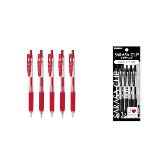 Zebra Sarasa Clip Gel Pen 1.0mm Red P-JJE15-R5-AZ + Gel Pen Sarasa Clip 1.0 Black P-JJE15-BK5, 5 Each