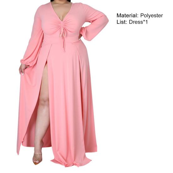 Einfarbiges Maxikleid mit geteiltem Saum für Damen, V-Ausschnitt, gerafft, bodenlang, übergroßes Kleid, Streetwear