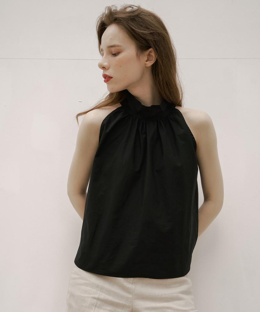 320SHOWROOM Shirring Halter Neck Back Button Blouse Black