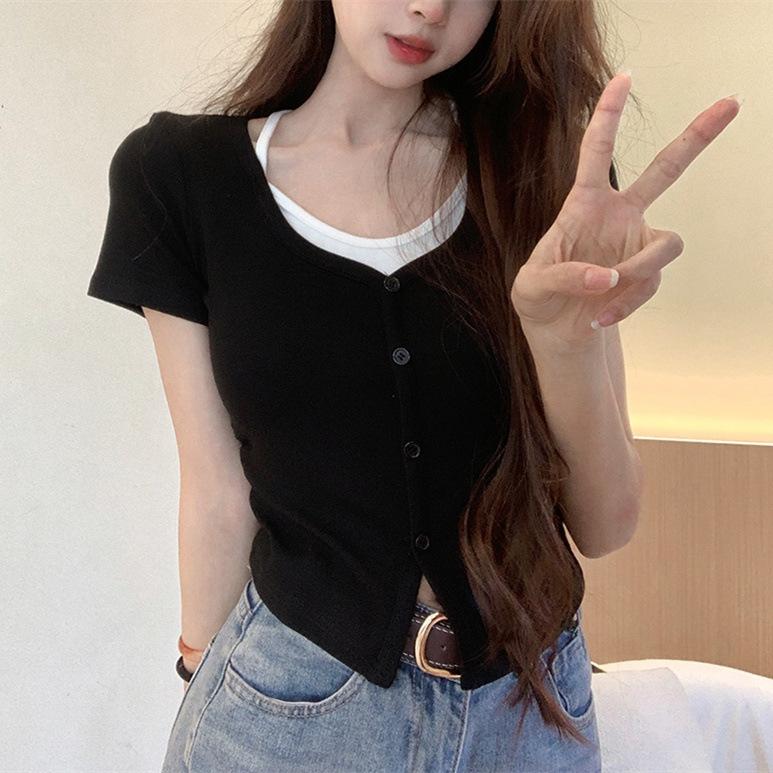 Women's V Neck Short Sleeve Fake Two Piece Top Slim Fit Sweet Style Crop Blouse