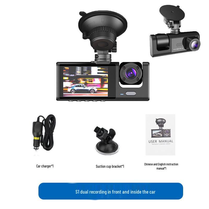High-Definition Dual-Lens Dash Cam with Wide-Angle Night Vision and WiFi for Front, Interior, and Rear Recording