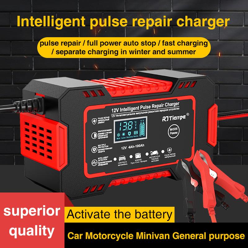 EU Plug Car Battery Charger, 12V 6A Intelligent Battery Trickle Charger Car 12V Battery Maintenance Car Truck Motorcycle Lead-acid Battery