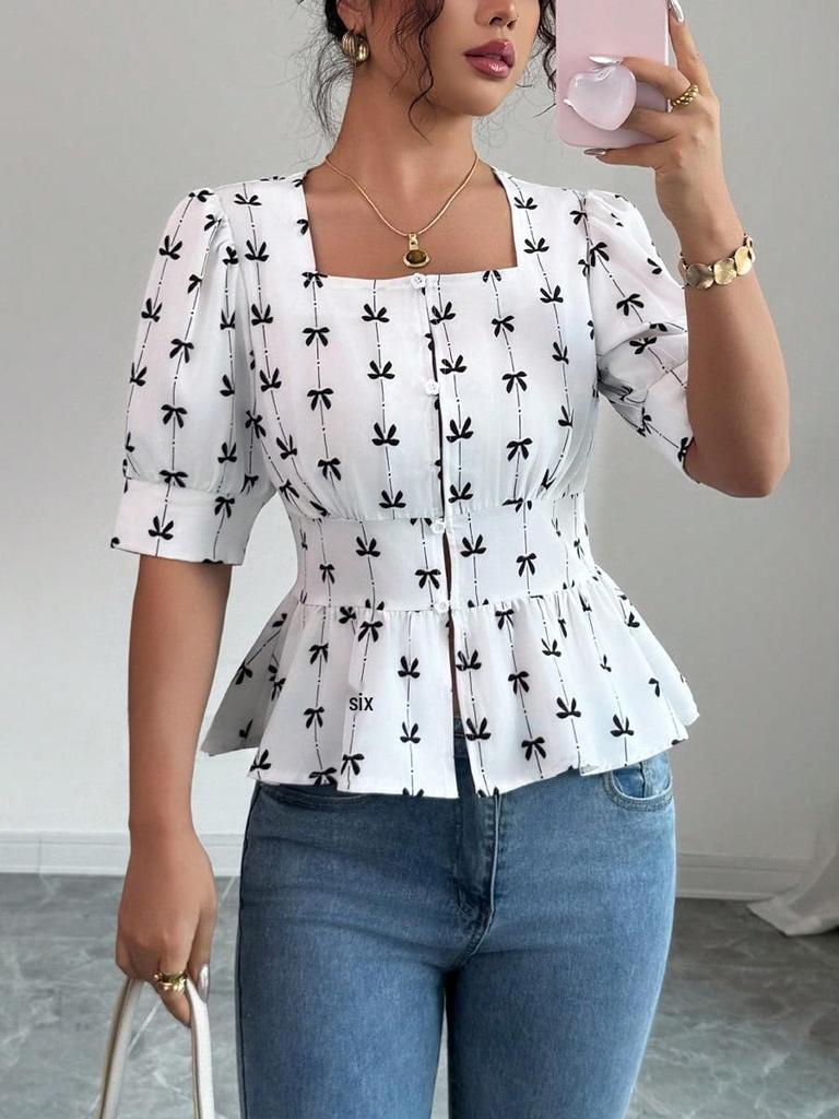 Summer European & American Style Square-Neck Peplum Cardigan Shirt - Women's Short-Sleeve