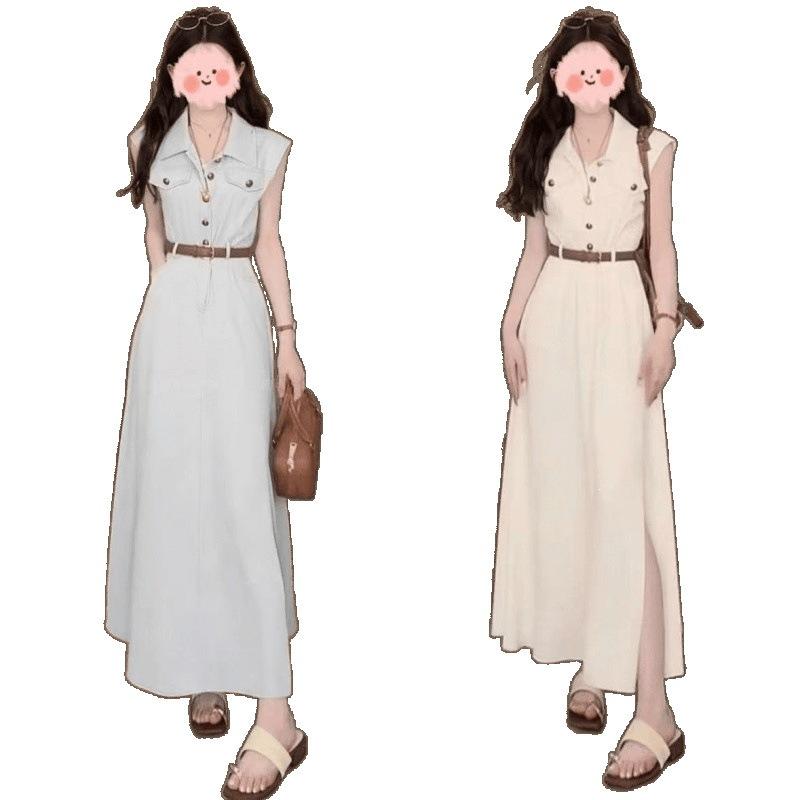 Huge good-looking dress summer Korean version of high-end waist display split-ended sleeveless shirt medium and long skirt