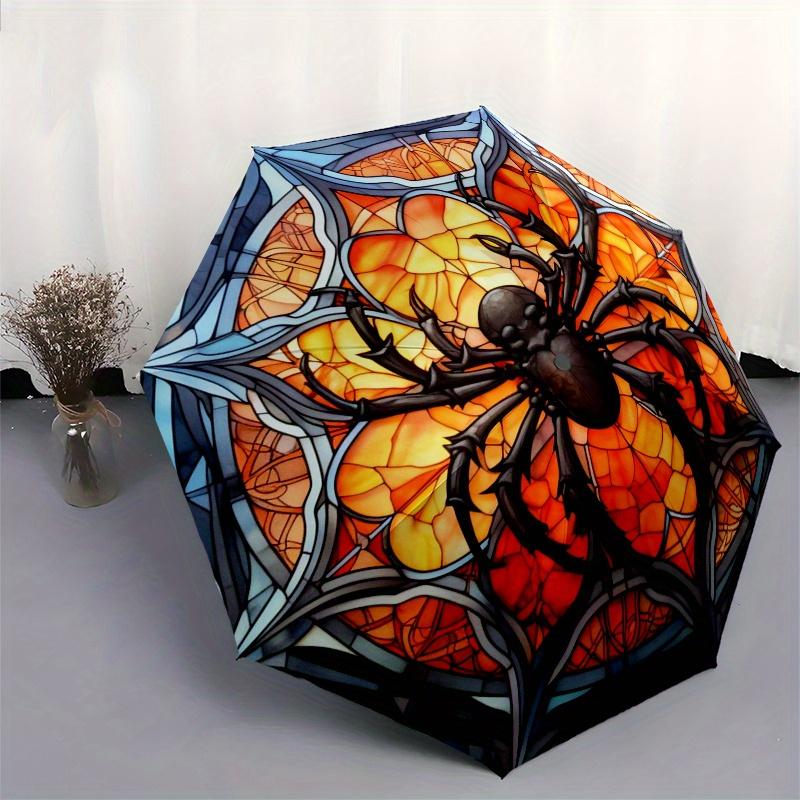 Stained Spider Window Panel, Decorative Artwork for Home or GardenUmbrella, Portable 3-Fold Compact Umbrella,Christmas Gift ES524