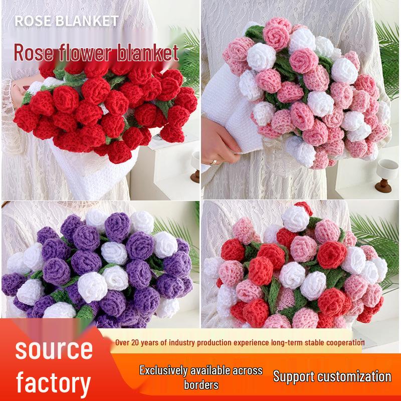 Handmade Knitted Gradient Rose Bouquet Wool Blanket - Perfect Valentine's Day Sofa Nap Gift