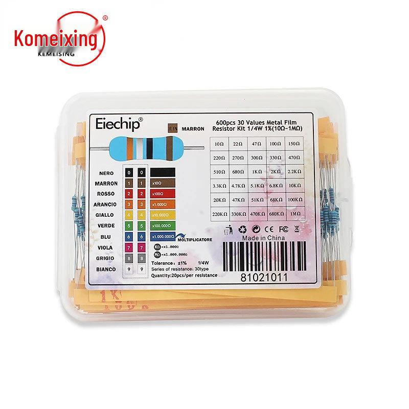 300/600PCS 1/4W Metal Film Resistor Pack, 1% Accuracy, 10R-1M, 30 Types x 20 Pieces, Bagged and Boxed