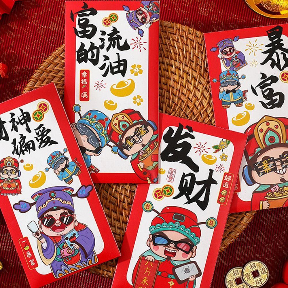 6pcs Chinese Style God of Wealth Money Pocket Hongbao Lucky Money Packets Kids Gift