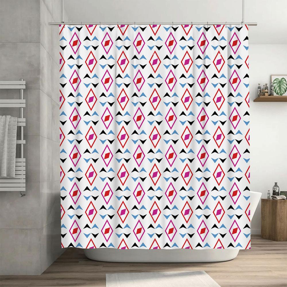Vibrant Geometric Print Shower Curtain White Fabric Bath Decor Pink Blue Accent Decorative Showershade for Home Decoration Size