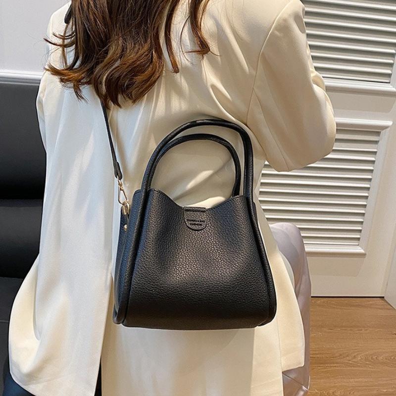 Fashion Soft Leather Handbag with Textured Surface Detachable Strap Gold Hardware Crossbody Bag Versatile Bucket Shoulder Purse