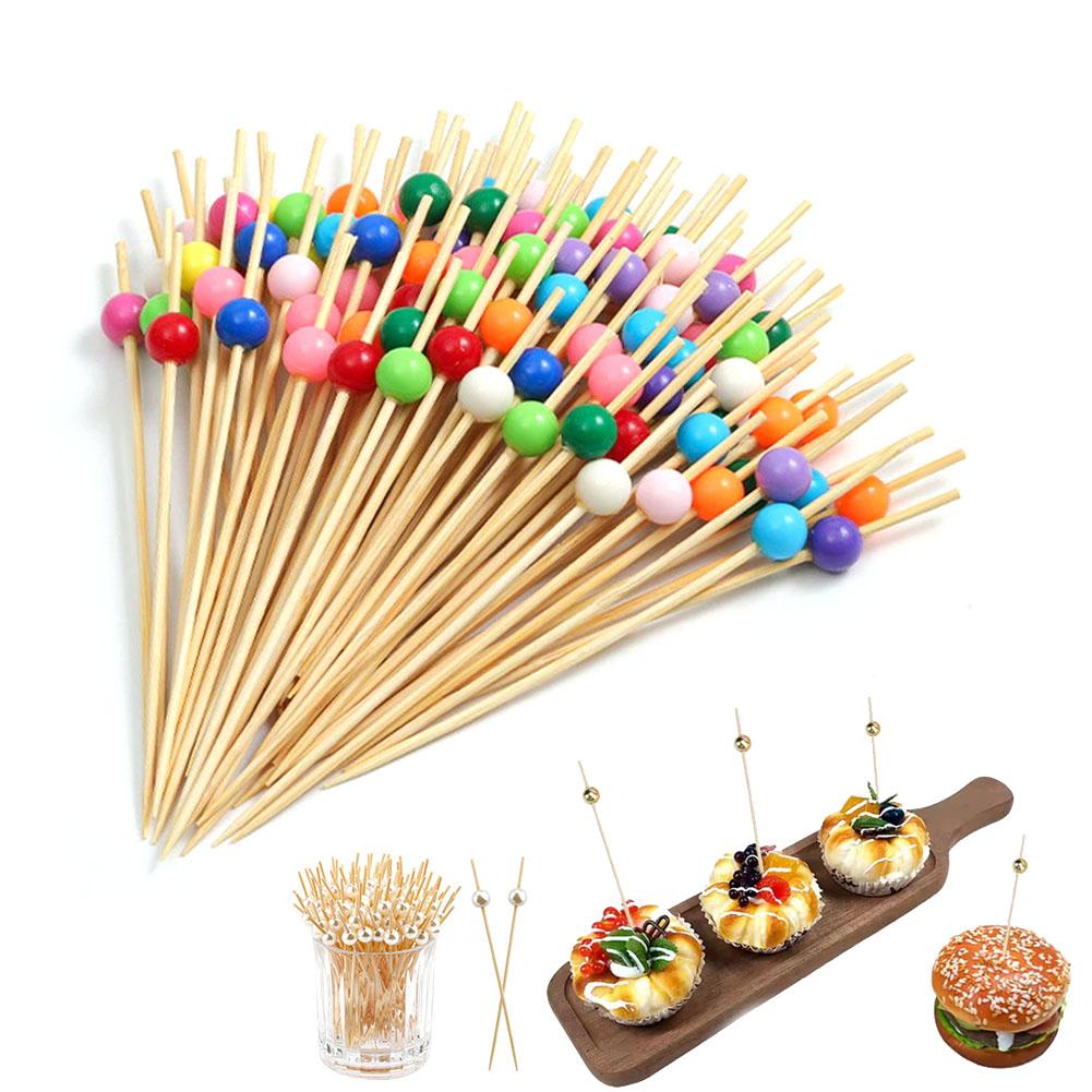 100 Pieces 12cm Disposable Fruit Bamboo Sticks with Creative Bead Tags for Desserts Fruits Festival Decoration Accessories