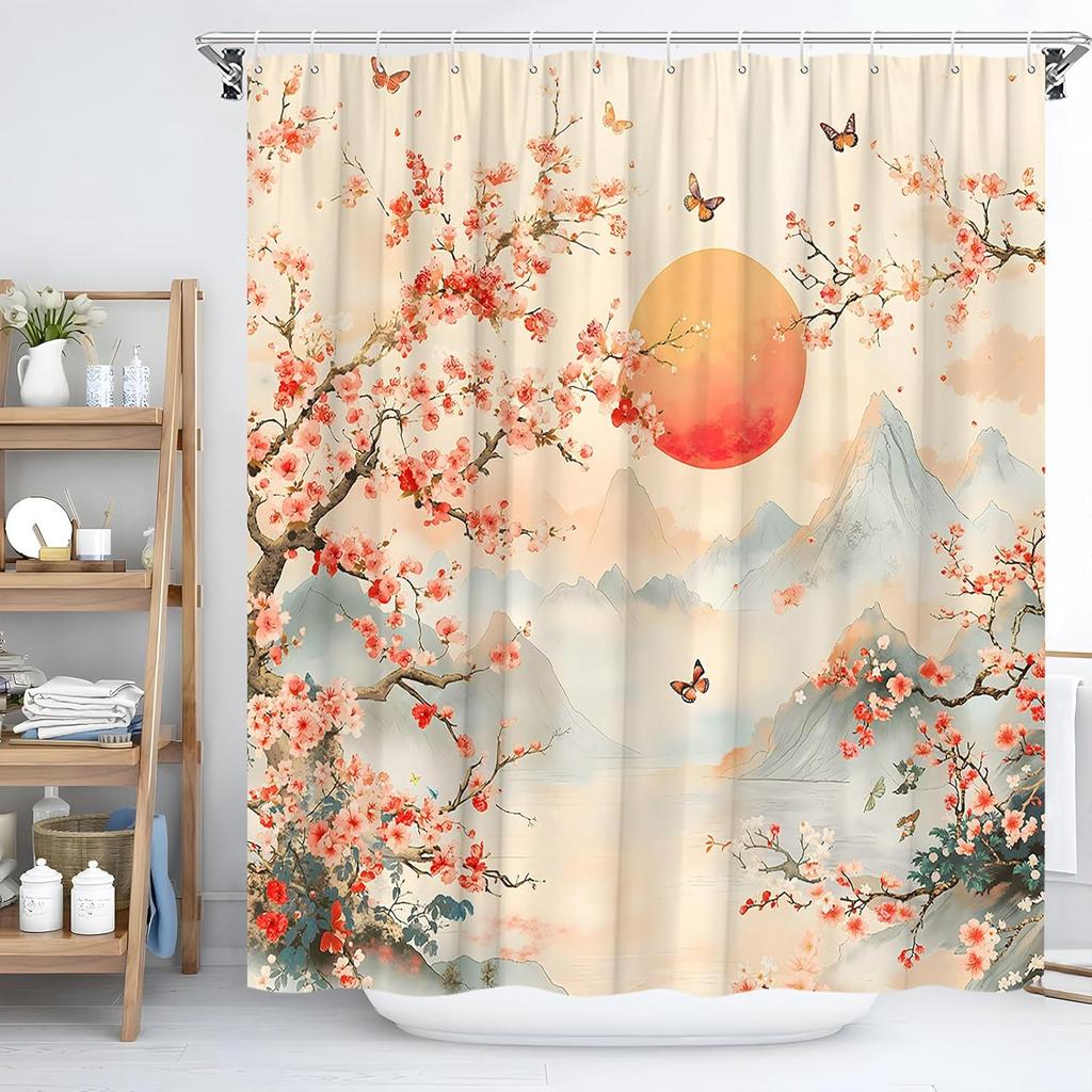 Asian Scenic Shower Curtain Pink Cherry Blossom Floral Butterfly Misty Mountain Japanese Oriental Traditional Spring Landscape