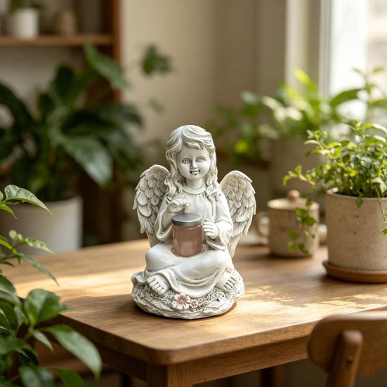 Solar Powered Little Angel Garden Statue Small Cupid Angel Figurine Waterproof Resin Fairy Garden Ornament for Patio Yard Porch Lawn Outdoor Decor