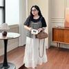 Plus size women clothing [Retro Art Long dress] Fake Two Pieces Plaid Pleat Texture Feeling Chubby Girl Autumn Sling