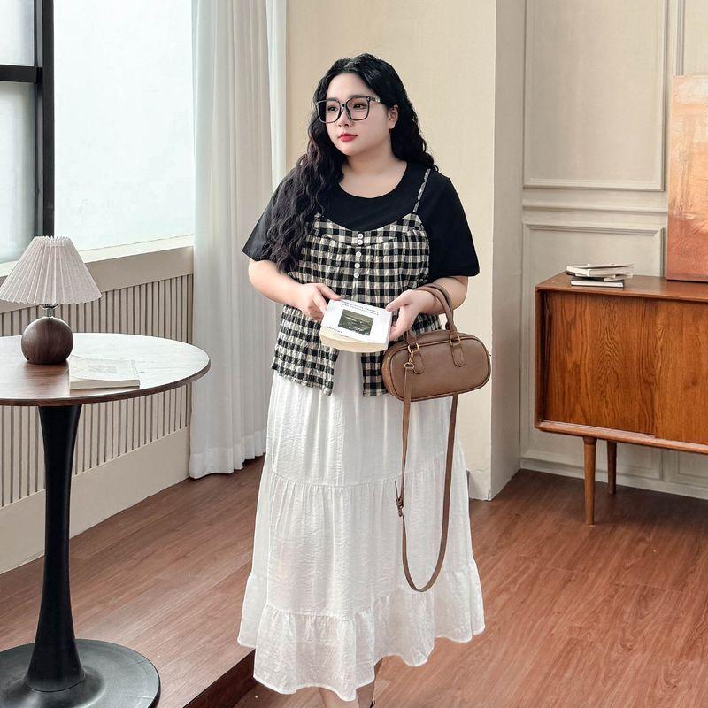 Plus size women clothing [Retro Art Long dress] Fake Two Pieces Plaid Pleat Texture Feeling Chubby Girl Autumn Sling