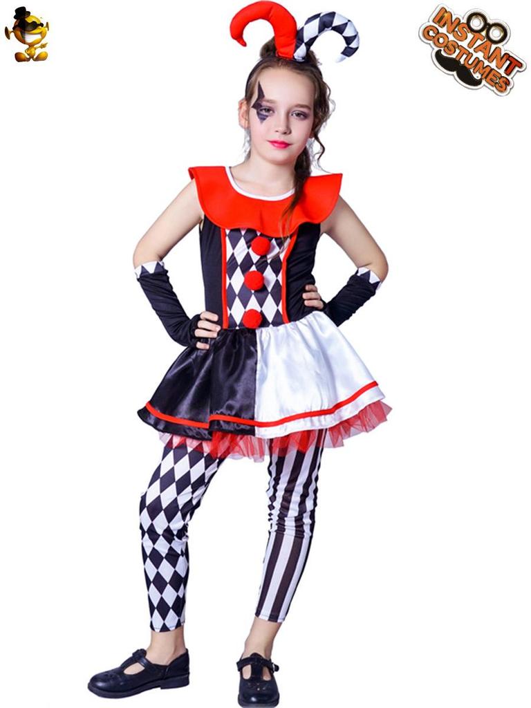 Flickors Rutiga Clown Halloweenkostym med Djävulshorn och Kjol