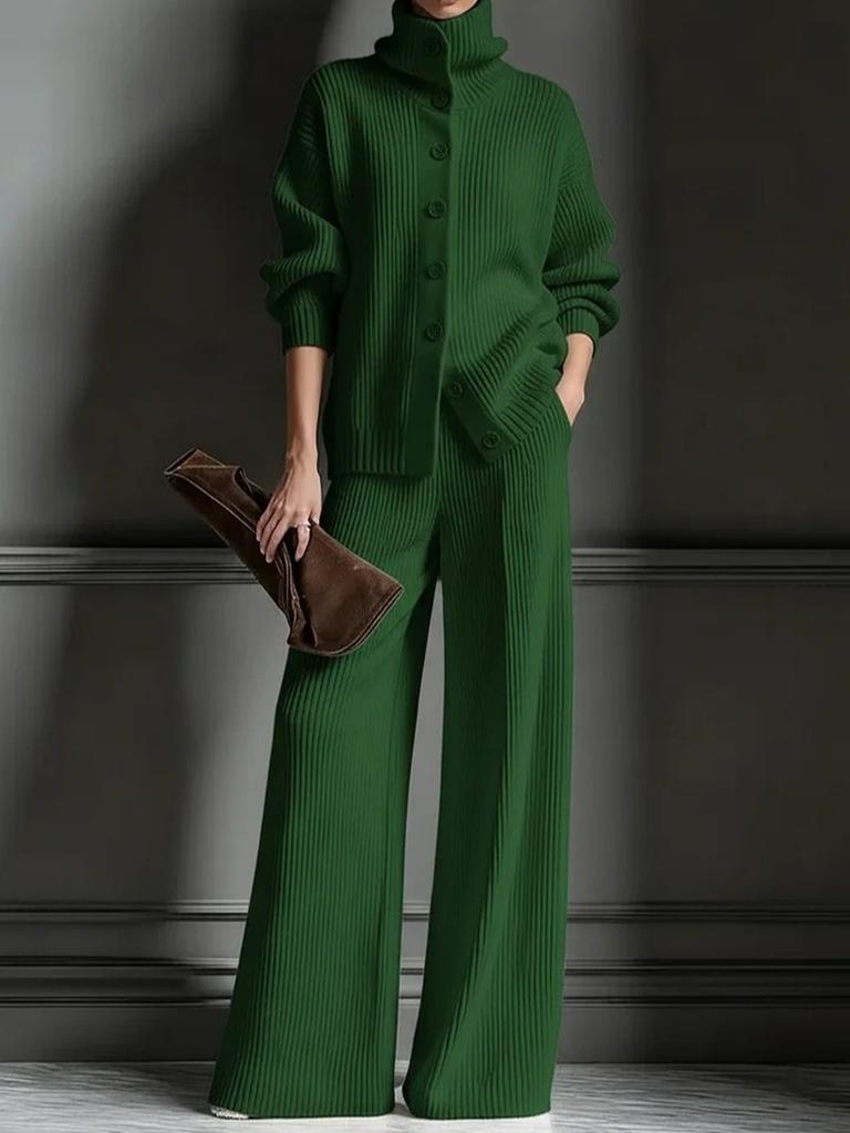 Podzim Zima Nový Pletený Kardigan s Vysokým Límcem Jednobarevný Dlouhý Rukáv Široké Kalhoty Set 2dílný Outfit