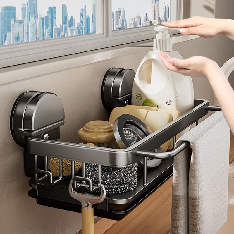 AOBT No-Drill Kitchen Sink Storage Rack Suction Cup Cloth Draining Rack Multifunctional Wall-Mounted Sink Shelf Utensils Dishes