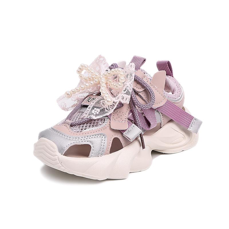 Girls Sports Sandals Mesh Breathable Kids Princess Shoes Sweet Lace Bows Beading 2025 Summer New Children Running Shoes Non-slip