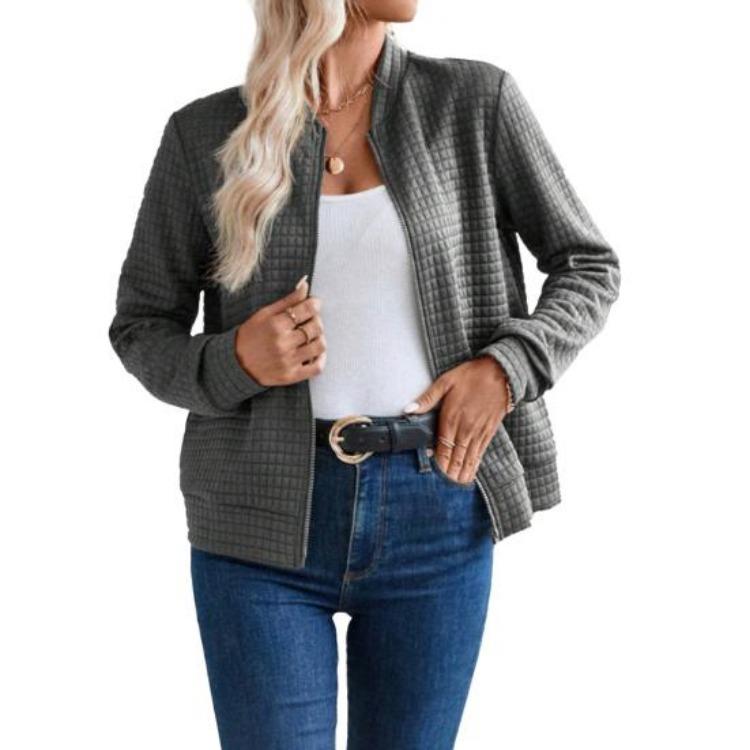 Women Slim Fit Waffle Coat Full Zip Up Jacket Casual Fall Outerwear Long Sleeve Stand Collar Sweatshirt S