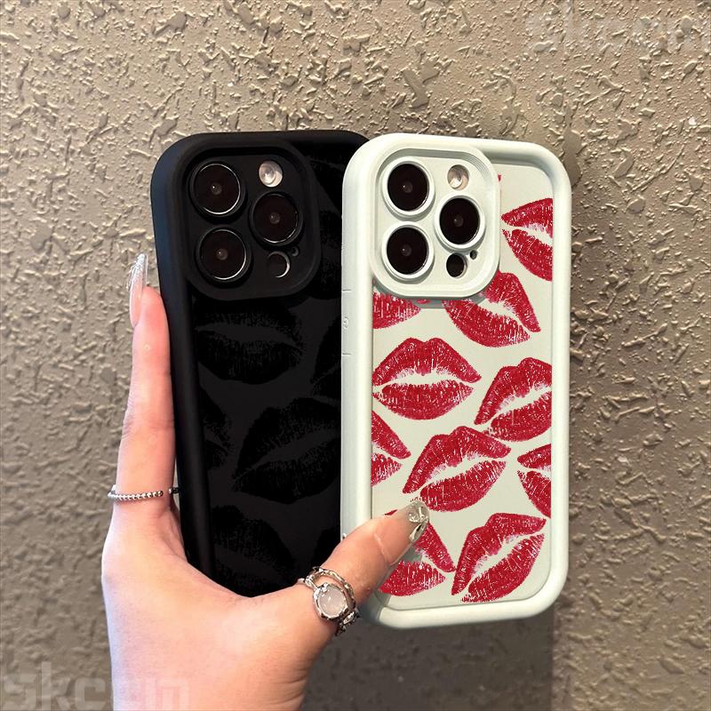 Custodia per Telefono in Morbido Silicone con Stampa Bacio Labbra Nere e Rosse per iPhone 16 Pro Max 15 14 Plus 11 12 13 7 8 Plus X XS XR 16E Cover