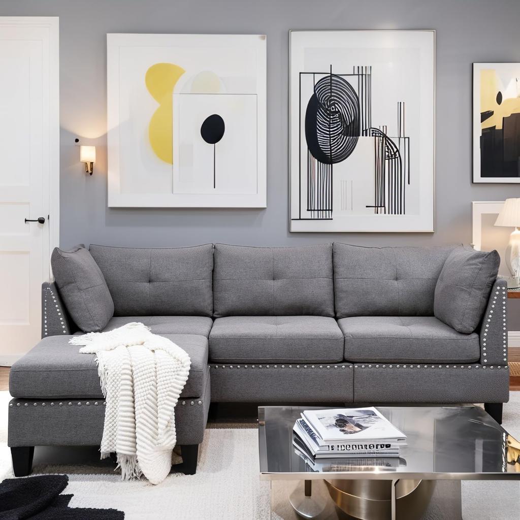 YODOLLA 225cm L-Shaped Corner Sofa, 3-4 Seater Sectional with Footstool for Living Room, Grey