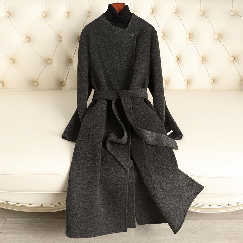 

Новое двухстороннее шерстяное пальто осень-зима, удлиненное, с поясом до колена, приталенное, из шерсти премиум-класса M（125-150）