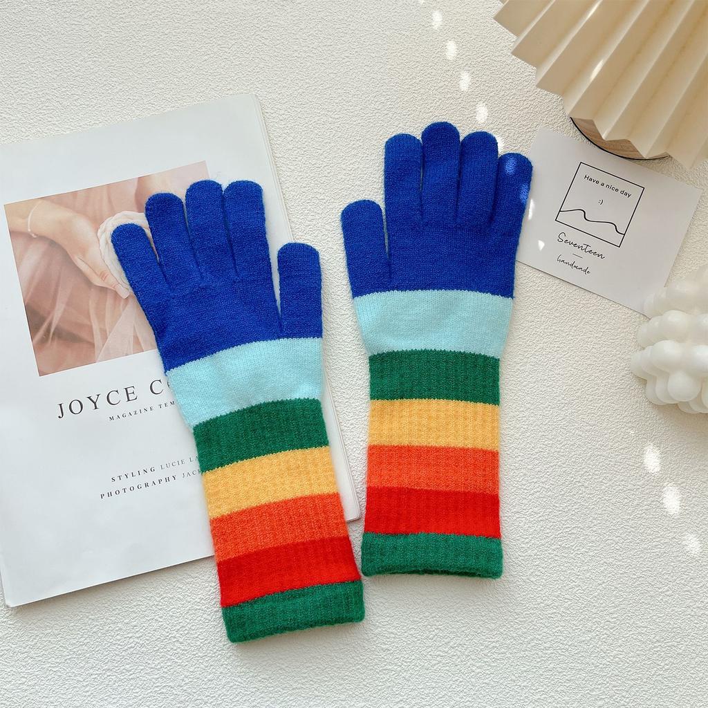 Korean New Rainbow Gloves for Women In Winter Warm Wool Half Finger Gloves American Street Fashion Versatile Cycling Trend
