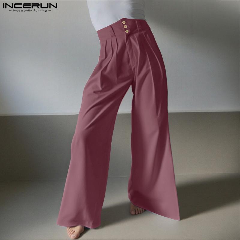 INCERUN Men High Waist Zip-up Solid Color Casual Long Palazzo Pants