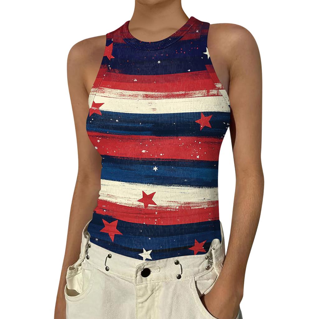 Women's Fashion Round Neck Independence Day Print Sleeveless Vest Top