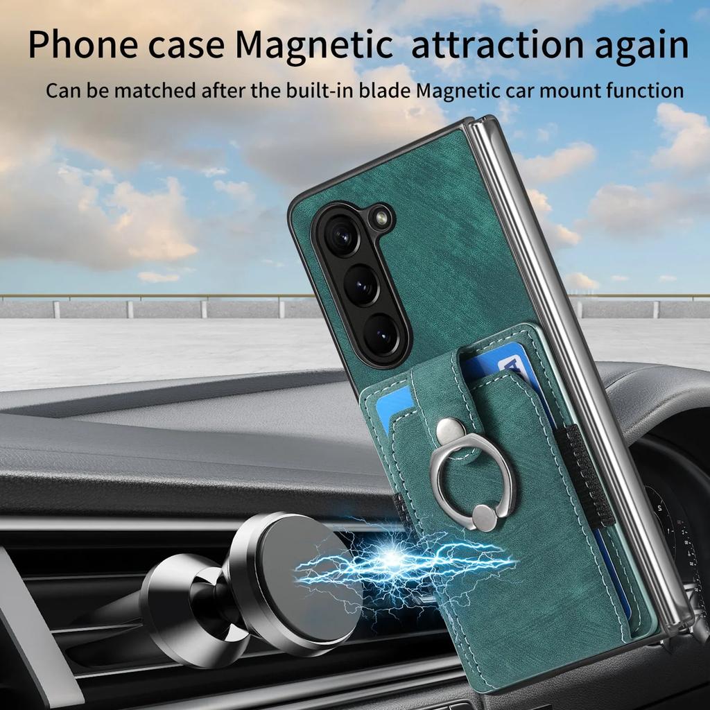 Retro Leather Ring Wallet Case with Card Holder Phone Case for Samsung Galaxy Z Fold 7 6 5 4 3 Fold7 Fold6 Protective Cover