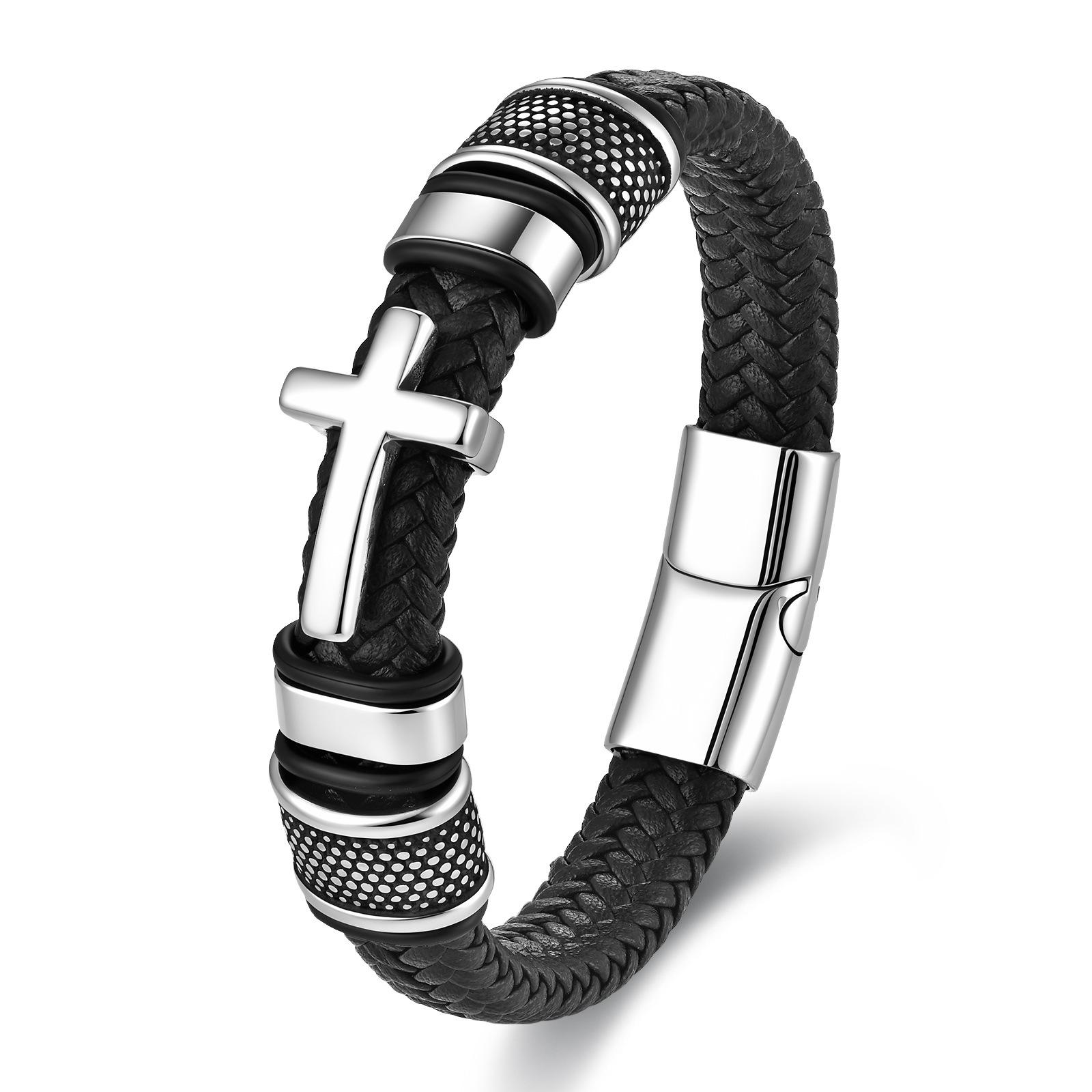 Cross Black Leather Rope Cowhide Men s Double Layer Steel Braided Bracelet Handmade Leather Bracelet 2026 21CM