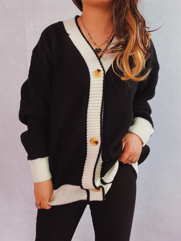 New Autumn and Winter Contrasting Cardigan Sweater, Street Style Loose Knit Sweater 3566 EMA