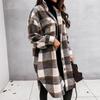 Women Woolen Coat Autumn Winter Plaid Print Turn Down Collar Long Sleeve Flap Pockets Outerwear