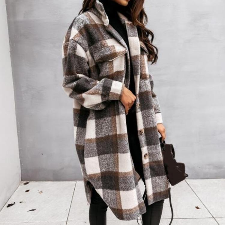 Women Woolen Coat Autumn Winter Plaid Print Turn Down Collar Long Sleeve Flap Pockets Outerwear