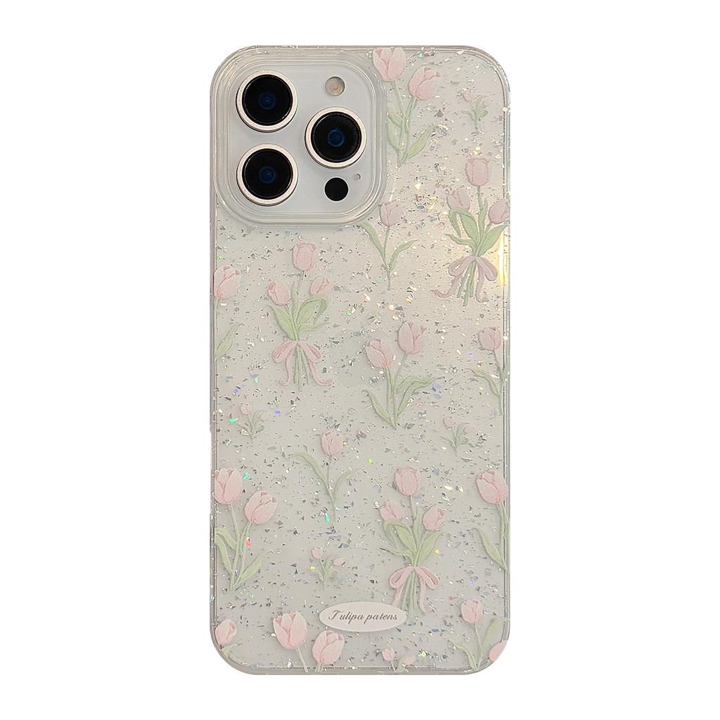 Spring Tulips Suitable for Apple 17promax Mobile Phone Case 16 Pink Beautiful Iphone14 Flash Powder 11 Anti fall