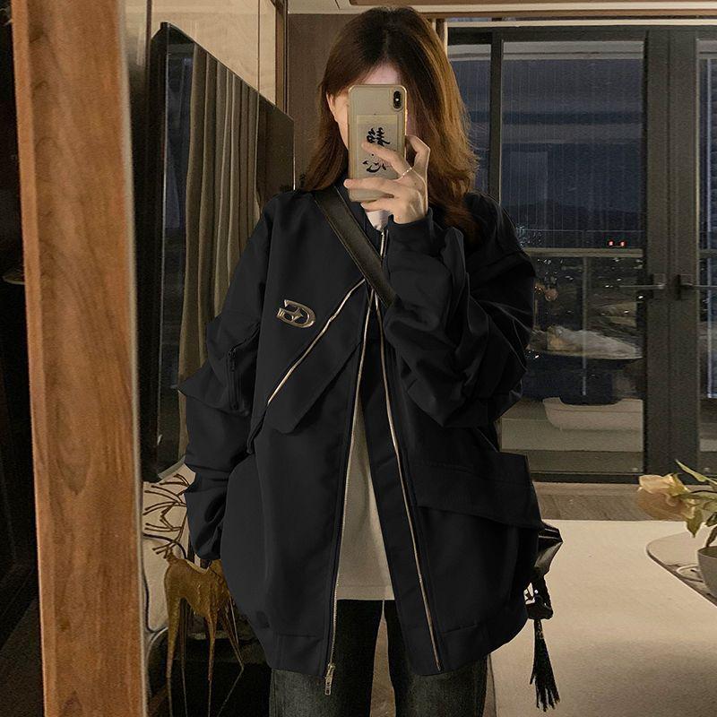 Women's Loose Irregular Flight Jacket - American High Street Style, Spring & Autumn Neutral Workwear Baseball Jacket.