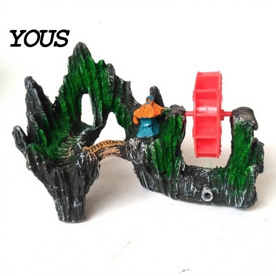 Aquarium Decoration Resin Spinning Waterwheel, Fish Tank Ornament, Mini Rockery Mountain Waterwheel Air Bubbler, Non-toxic Decor Aerating