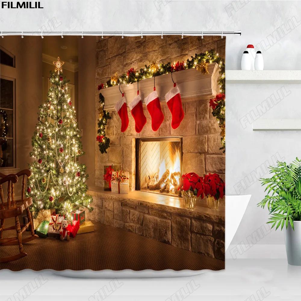 Retro olejomalba Vánoční sprchové závěsy Santa Claus Garland Xmas Tree Vintage krb Novoroční dekorace Sada koupelnových závěsů