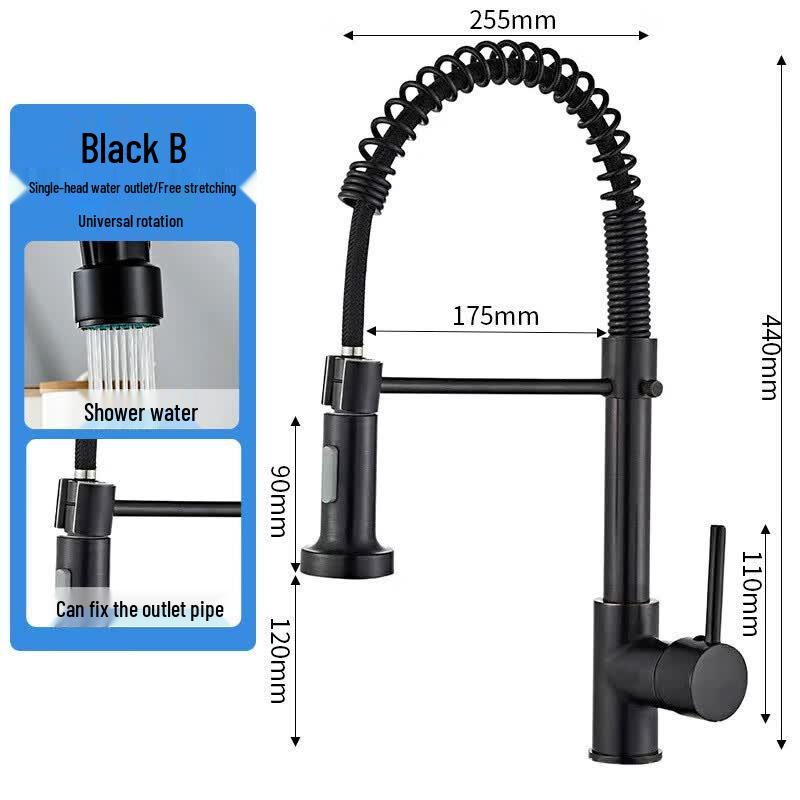 Jingdai All-Copper Black Spring Pull-Out Kitchen Faucet